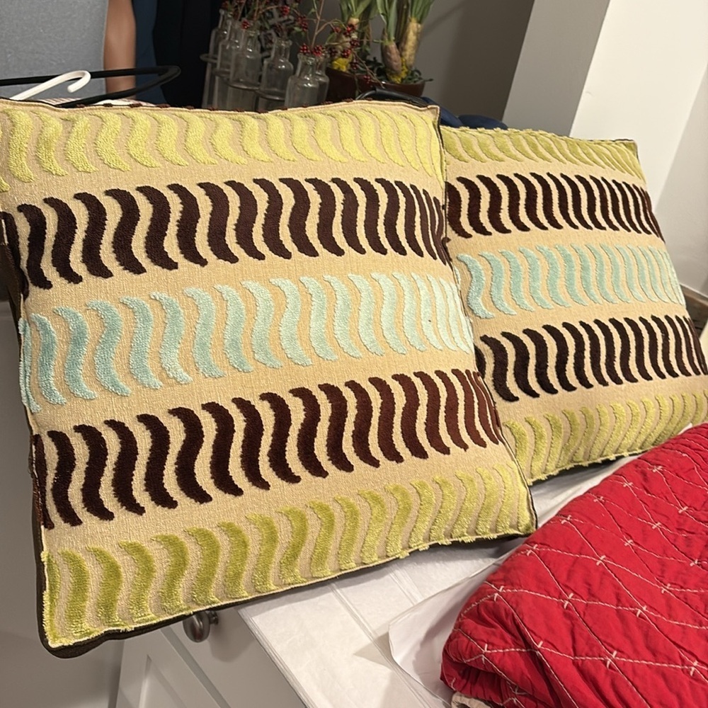 2 Canaan Co.Throw Pillows with Chartruse, Brown and Light Blue Geometric Accents